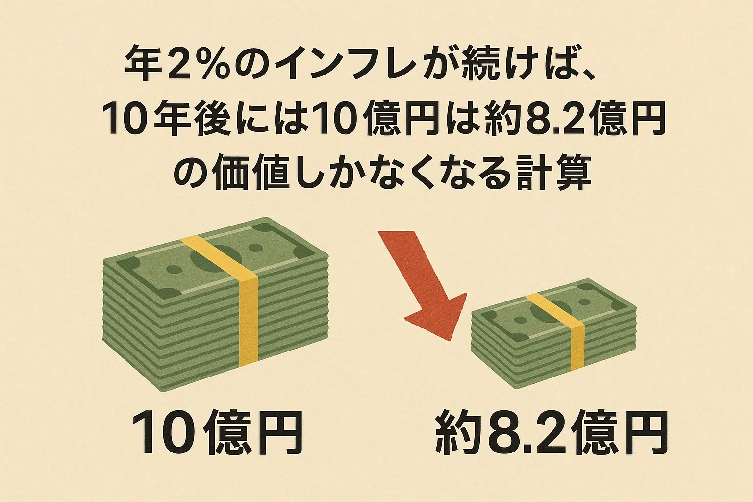 年2%のインフレが続けば、10年後には約8.2億円の価値しかなくなる計算